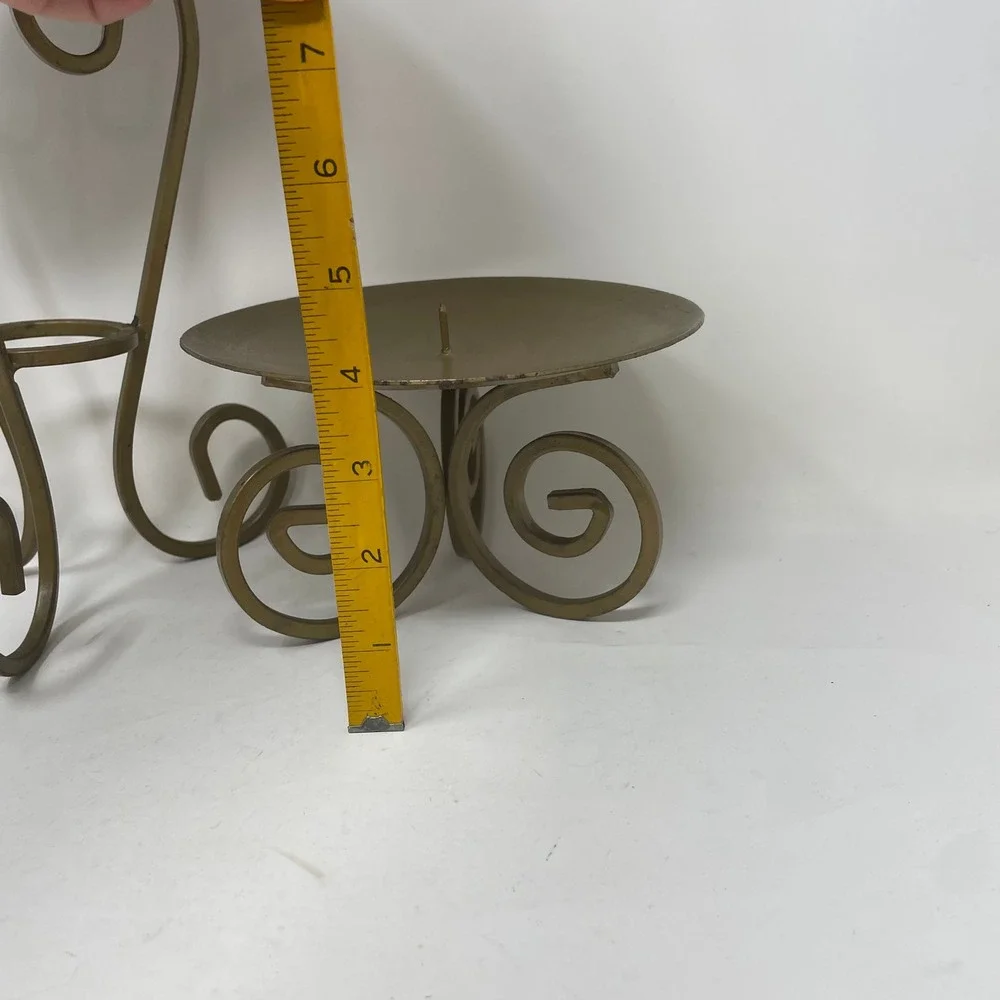 Vintage Gold Wrought Iron Pillar Candle Holder Set Scroll Tripod Base 2 Piece